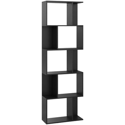 5-Tier S-Shaped Wooden Bookcase, Space-Saving Bookshelf for Living Room, Bedroom, and Office, 60x24x184.5 cm, Black