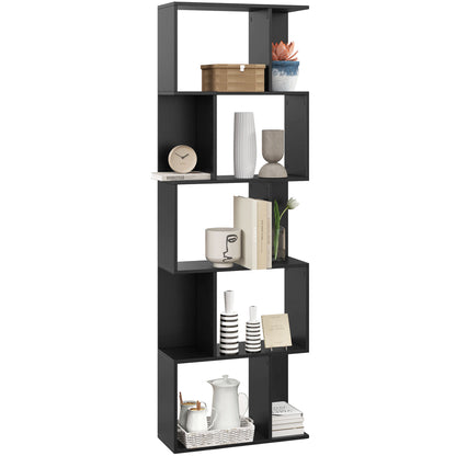 5-Tier S-Shaped Wooden Bookcase, Space-Saving Bookshelf for Living Room, Bedroom, and Office, 60x24x184.5 cm, Black
