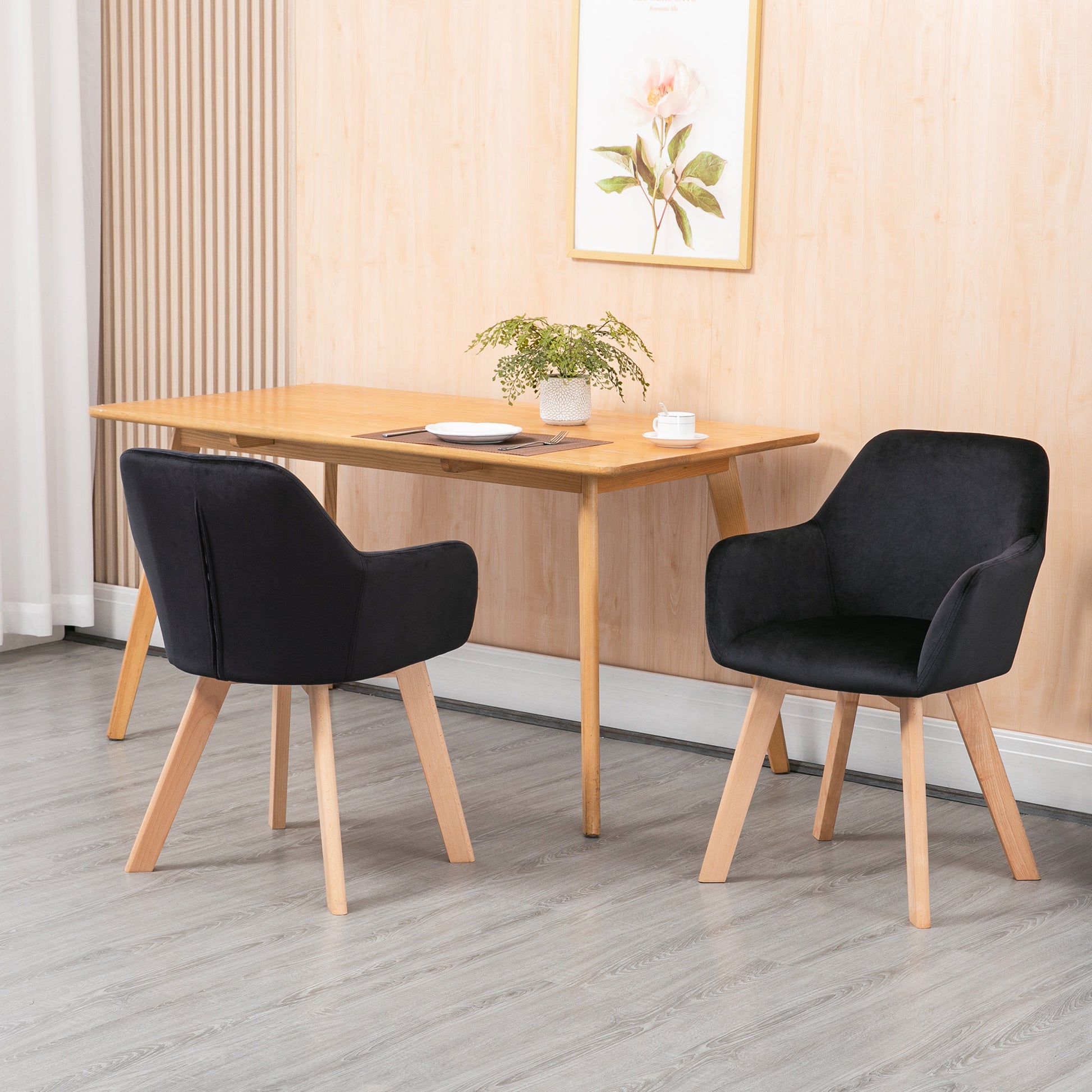 Dining Chairs Set of 2, Kitchen Chair with Armrest, Backrest, Upholstered Chairs with Velvet Look, Living Room Chair with Wooden Legs for Kitchen, Dining Room, Black