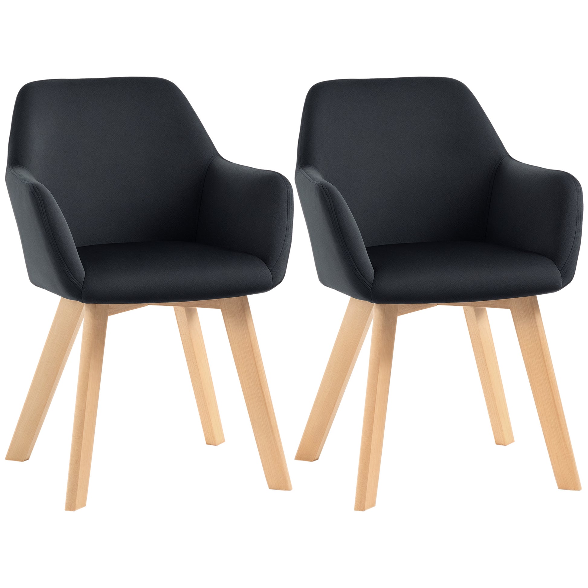 Dining Chairs Set of 2, Kitchen Chair with Armrest, Backrest, Upholstered Chairs with Velvet Look, Living Room Chair with Wooden Legs for Kitchen, Dining Room, Black