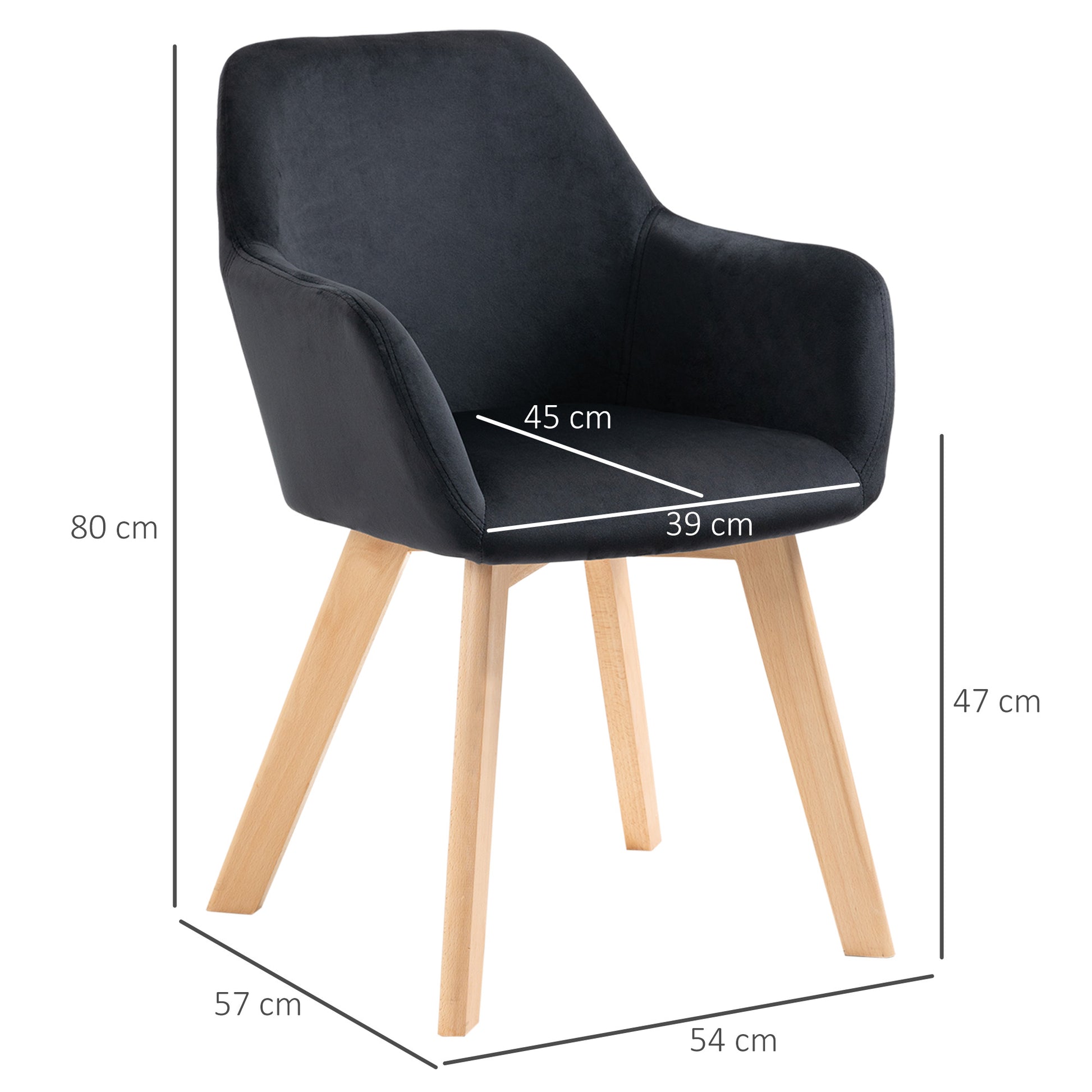 Dining Chairs Set of 2, Kitchen Chair with Armrest, Backrest, Upholstered Chairs with Velvet Look, Living Room Chair with Wooden Legs for Kitchen, Dining Room, Black