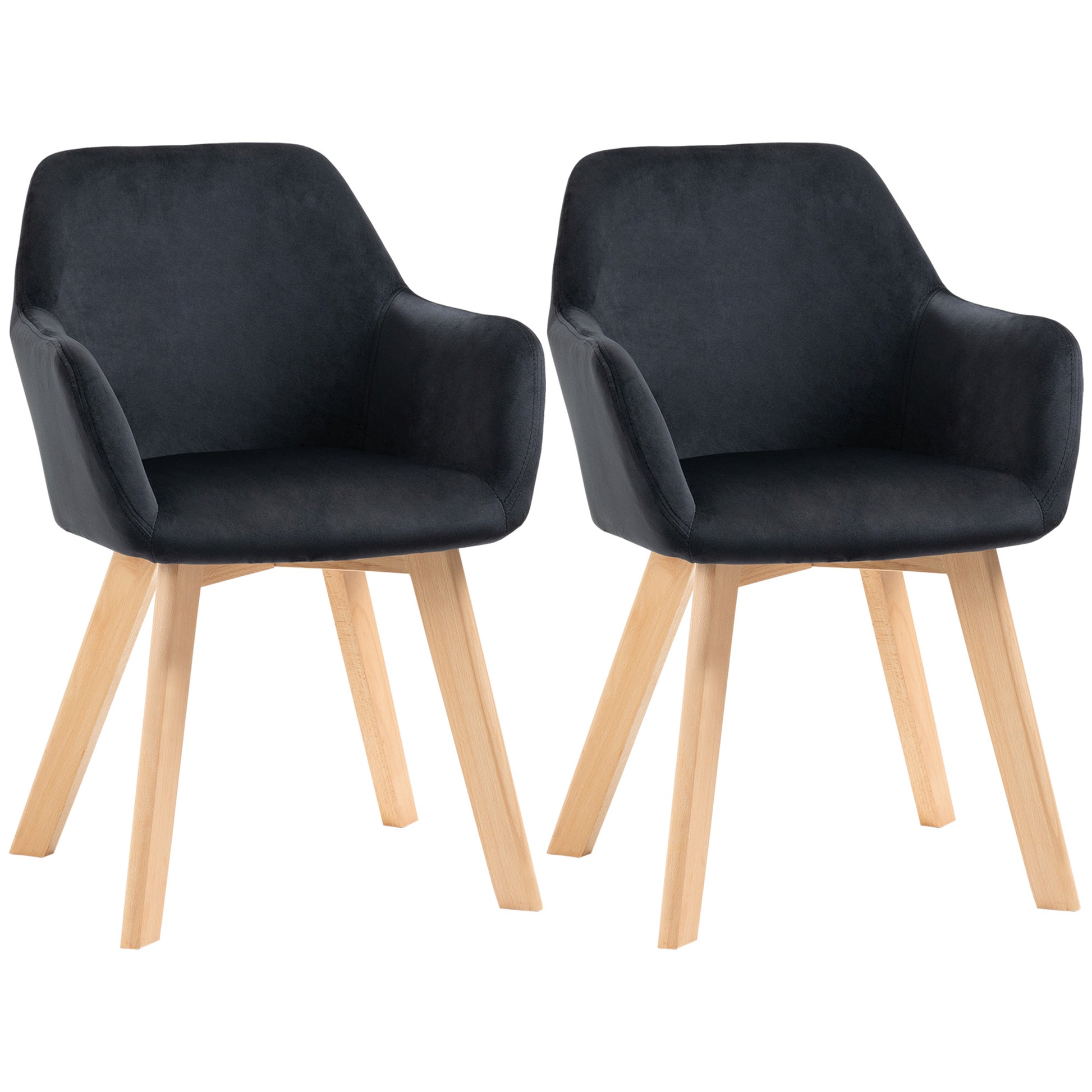 Dining Chairs Set of 2, Kitchen Chair with Armrest, Backrest, Upholstered Chairs with Velvet Look, Living Room Chair with Wooden Legs for Kitchen, Dining Room, Black