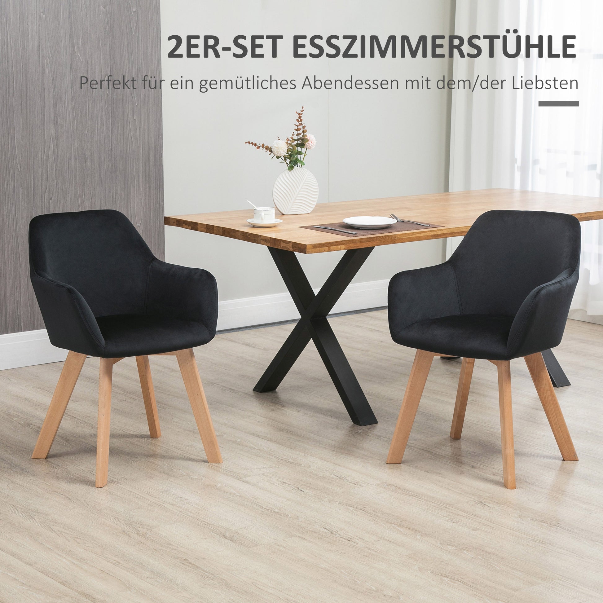Dining Chairs Set of 2, Kitchen Chair with Armrest, Backrest, Upholstered Chairs with Velvet Look, Living Room Chair with Wooden Legs for Kitchen, Dining Room, Black