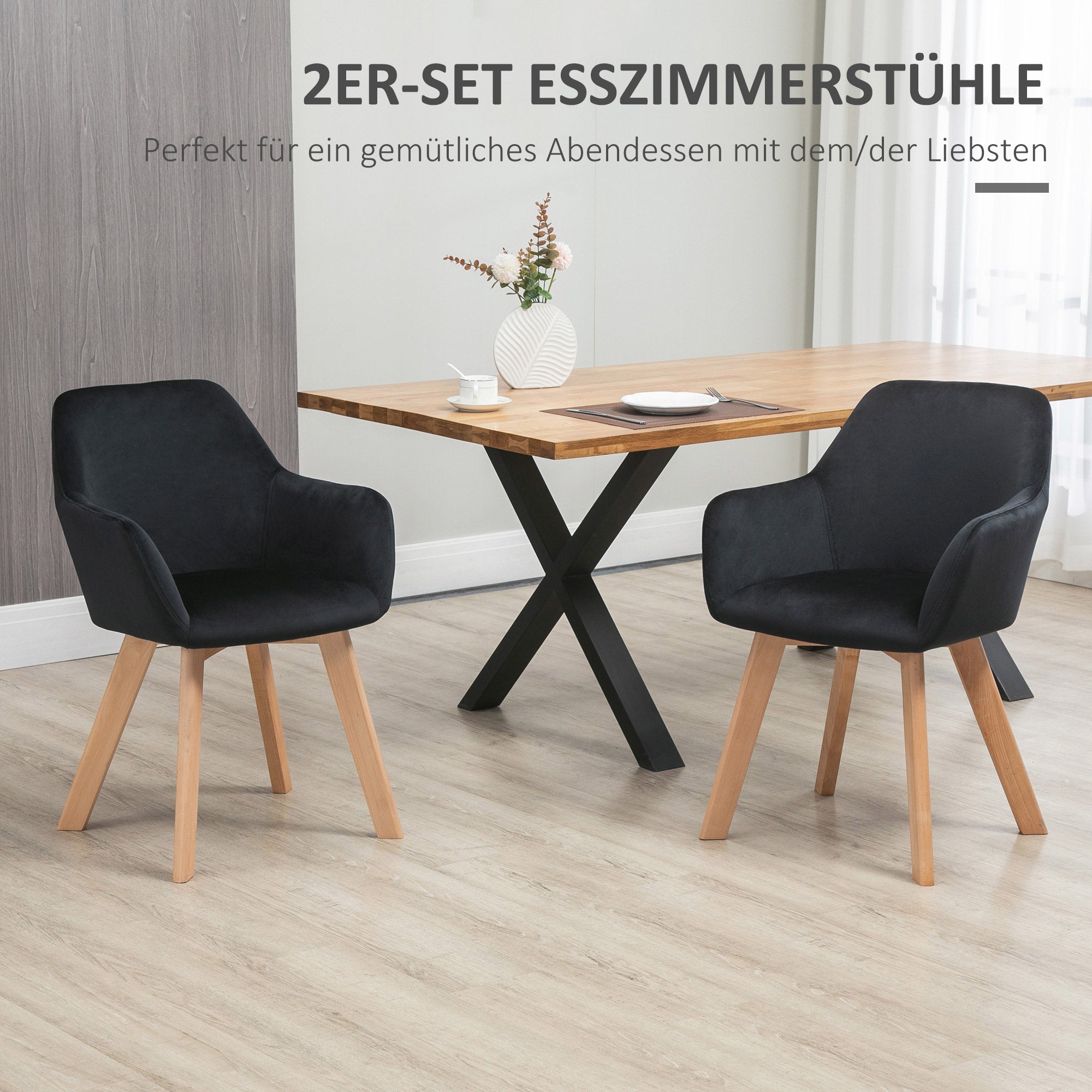 Dining Chairs Set of 2, Kitchen Chair with Armrest, Backrest, Upholstered Chairs with Velvet Look, Living Room Chair with Wooden Legs for Kitchen, Dining Room, Black