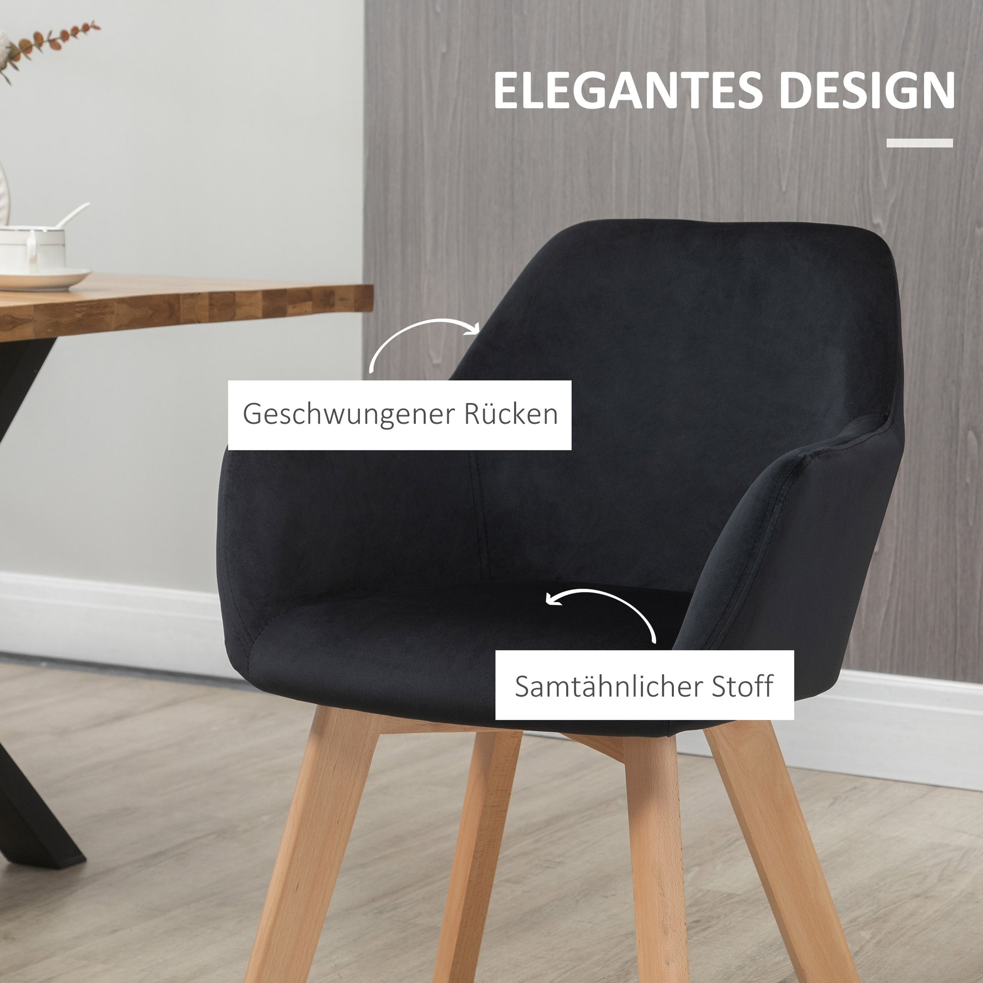 Dining Chairs Set of 2, Kitchen Chair with Armrest, Backrest, Upholstered Chairs with Velvet Look, Living Room Chair with Wooden Legs for Kitchen, Dining Room, Black