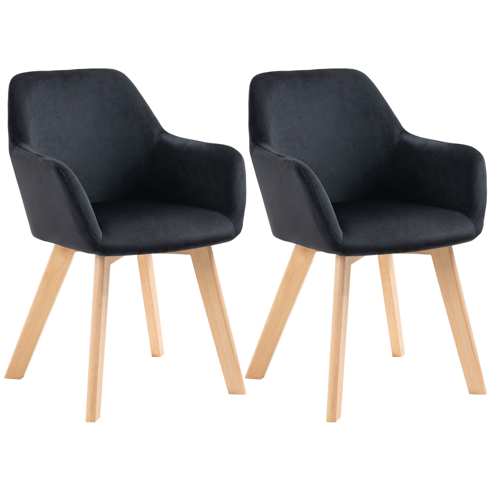 Dining Chairs Set of 2, Kitchen Chair with Armrest, Backrest, Upholstered Chairs with Velvet Look, Living Room Chair with Wooden Legs for Kitchen, Dining Room, Black
