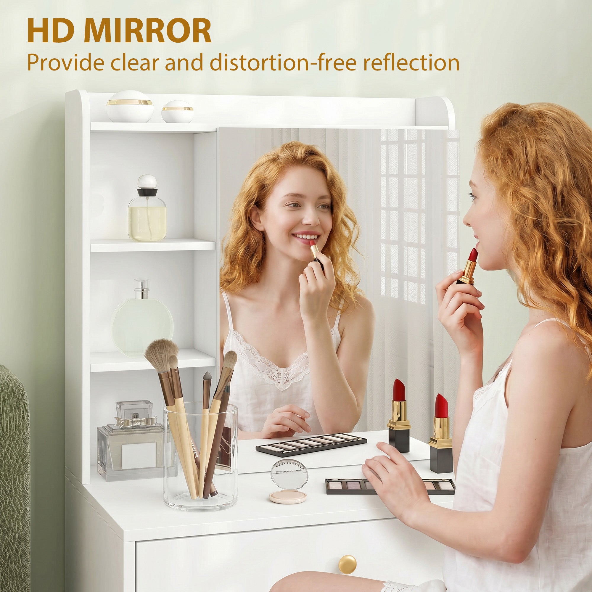 Makeup Vanity with Mirror and Rolling Storage Stool, Cabinet, Drawers, Open Shelves, Linen-Effect Padded Stool, Space-Saving, Modern, White
