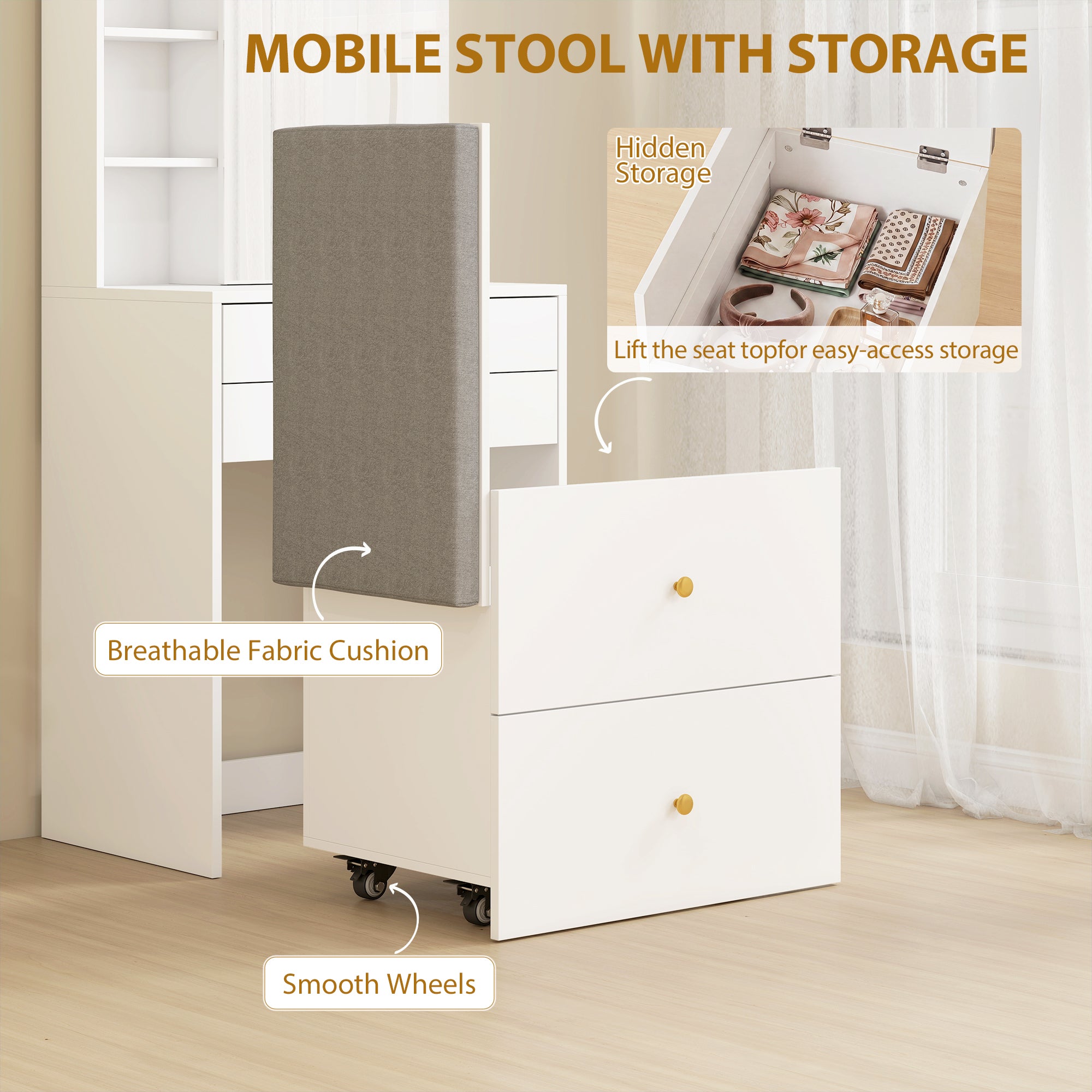 Makeup Vanity with Mirror and Rolling Storage Stool, Cabinet, Drawers, Open Shelves, Linen-Effect Padded Stool, Space-Saving, Modern, White
