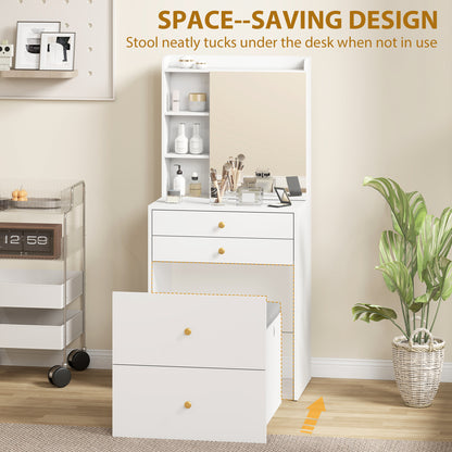 Makeup Vanity with Mirror and Rolling Storage Stool, Cabinet, Drawers, Open Shelves, Linen-Effect Padded Stool, Space-Saving, Modern, White