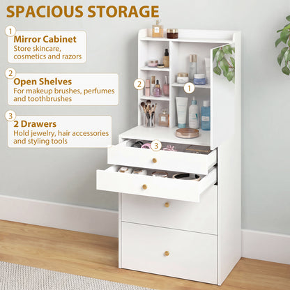 Makeup Vanity with Mirror and Rolling Storage Stool, Cabinet, Drawers, Open Shelves, Linen-Effect Padded Stool, Space-Saving, Modern, White