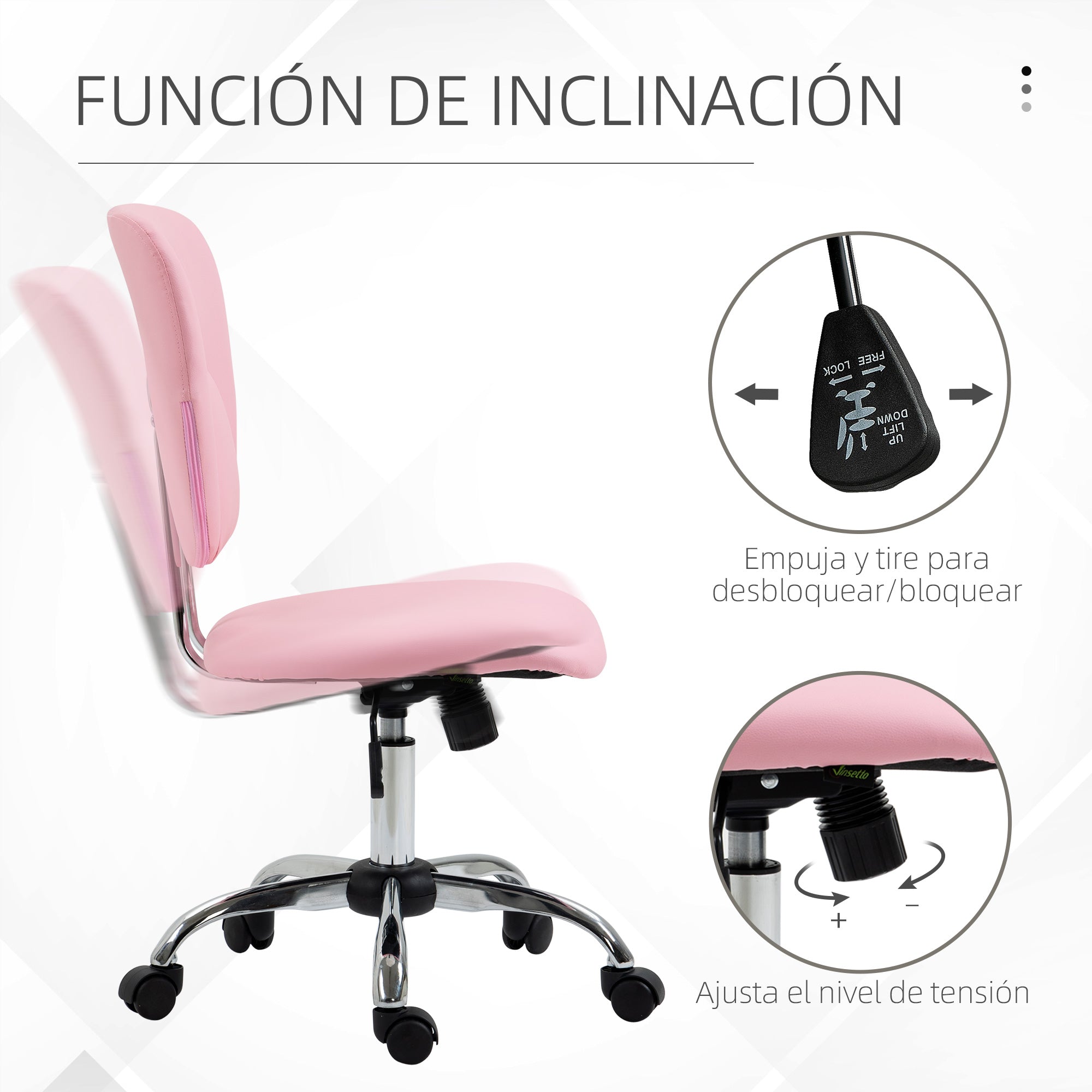 Armless Office Chair Desk Chair for Teens with Adjustable Height and Tilt Function Load 120 kg 50x54x87.5-96.5 cm Pink