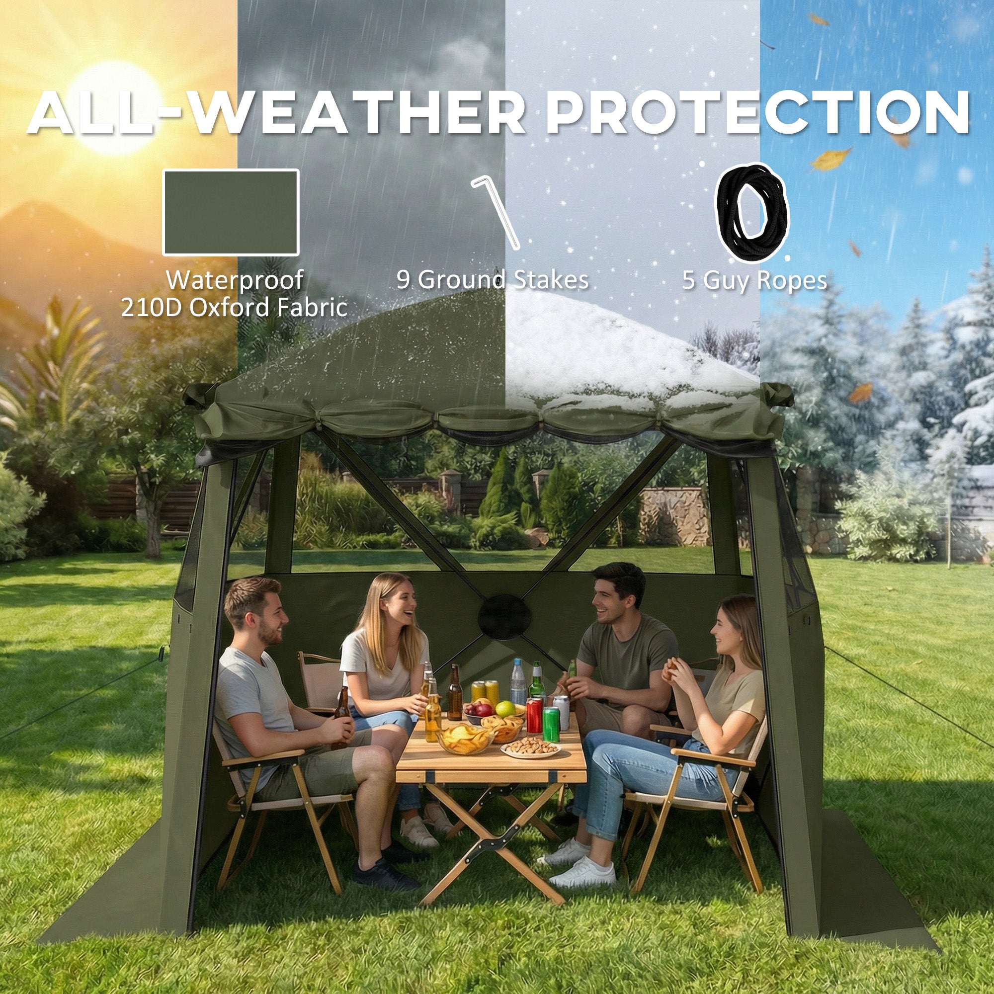 2 x 2 m (6.6 x 6.6 ft) Waterproof, Stable All-Season Pop-Up Gazebo — 4 Side Panels, Mesh Windows, Extendable Front Awning, UPF 30+, Foldable Party & Garden Tent — Green
