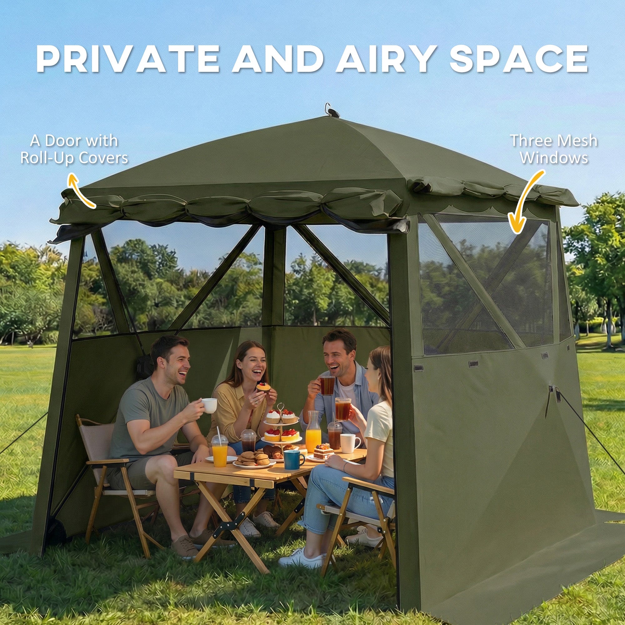 2 x 2 m (6.6 x 6.6 ft) Waterproof, Stable All-Season Pop-Up Gazebo — 4 Side Panels, Mesh Windows, Extendable Front Awning, UPF 30+, Foldable Party & Garden Tent — Green