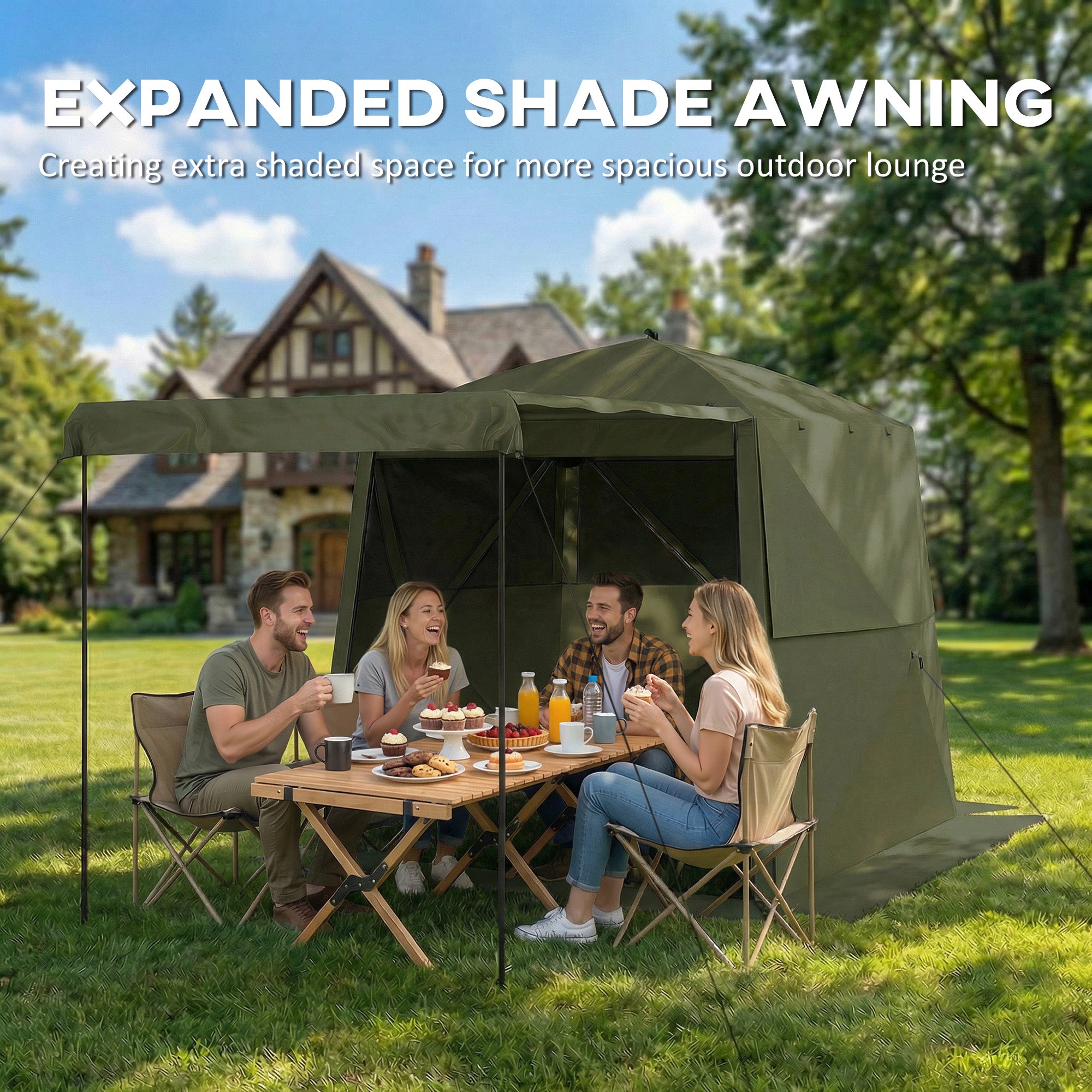 2 x 2 m (6.6 x 6.6 ft) Waterproof, Stable All-Season Pop-Up Gazebo — 4 Side Panels, Mesh Windows, Extendable Front Awning, UPF 30+, Foldable Party & Garden Tent — Green