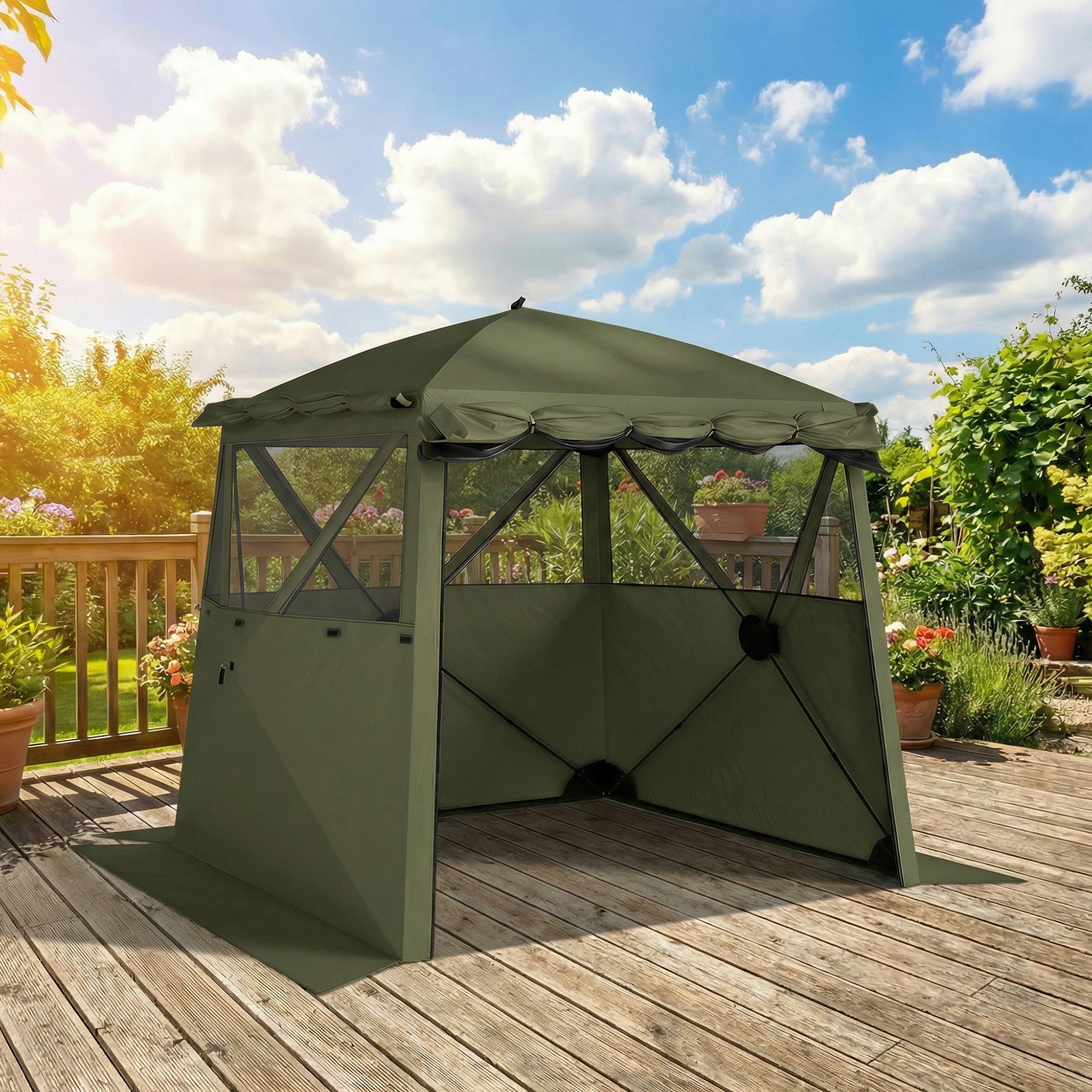 2 x 2 m (6.6 x 6.6 ft) Waterproof, Stable All-Season Pop-Up Gazebo — 4 Side Panels, Mesh Windows, Extendable Front Awning, UPF 30+, Foldable Party & Garden Tent — Green