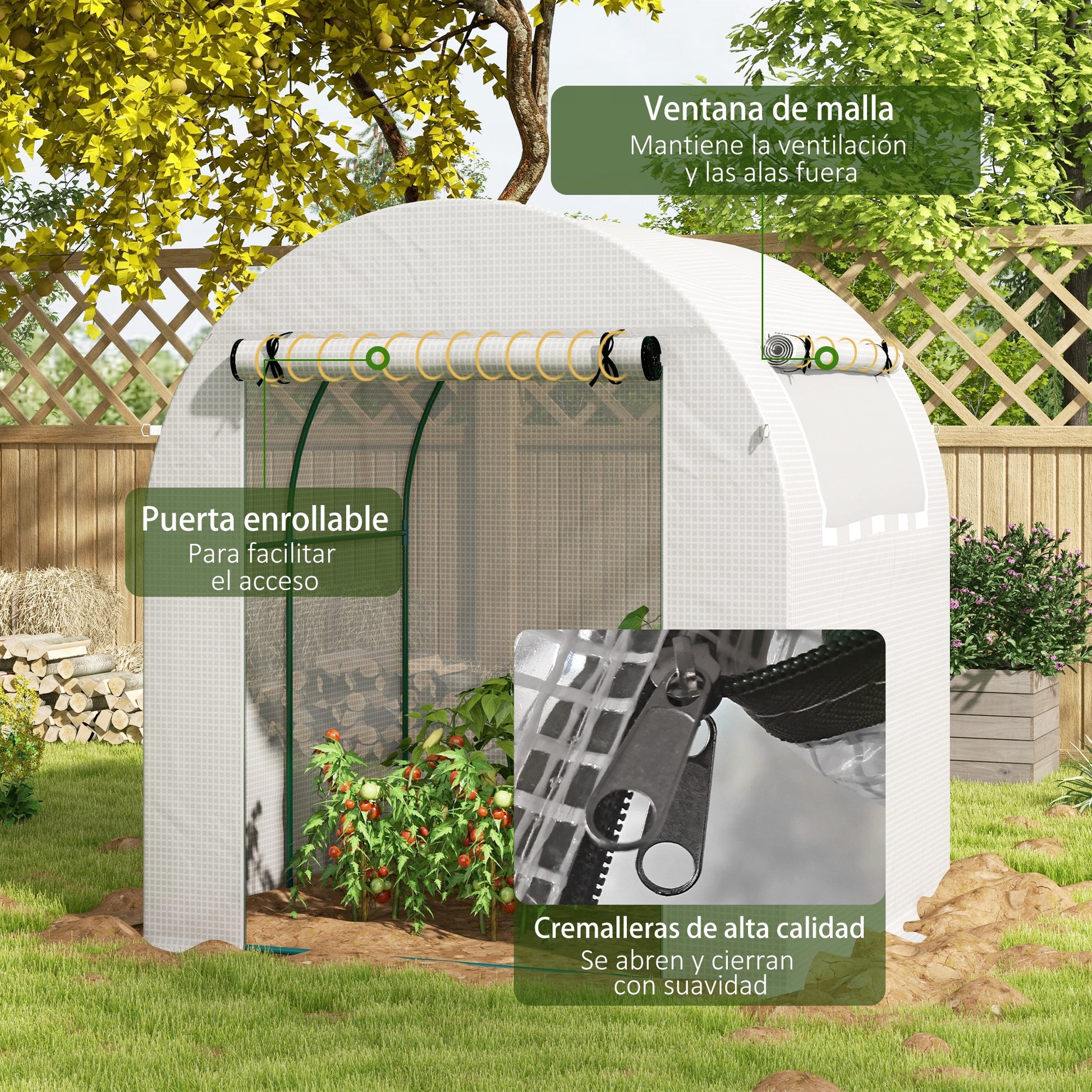 Garden Greenhouse 180x180x200 cm Small Tunnel Greenhouse with Roll-Up Door and Mesh Window for Cultivating Plants Flowers White