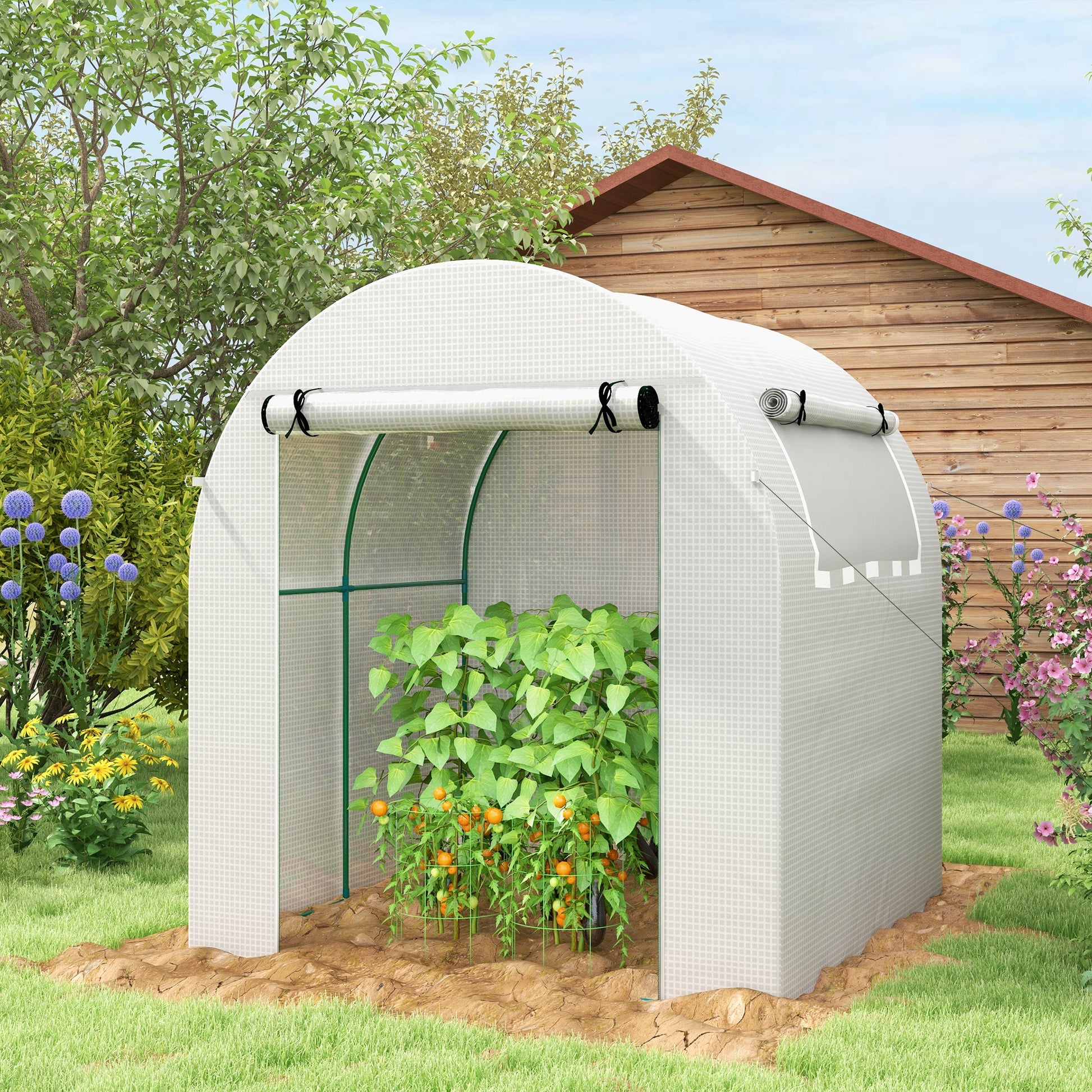 Garden Greenhouse 180x180x200 cm Small Tunnel Greenhouse with Roll-Up Door and Mesh Window for Cultivating Plants Flowers White
