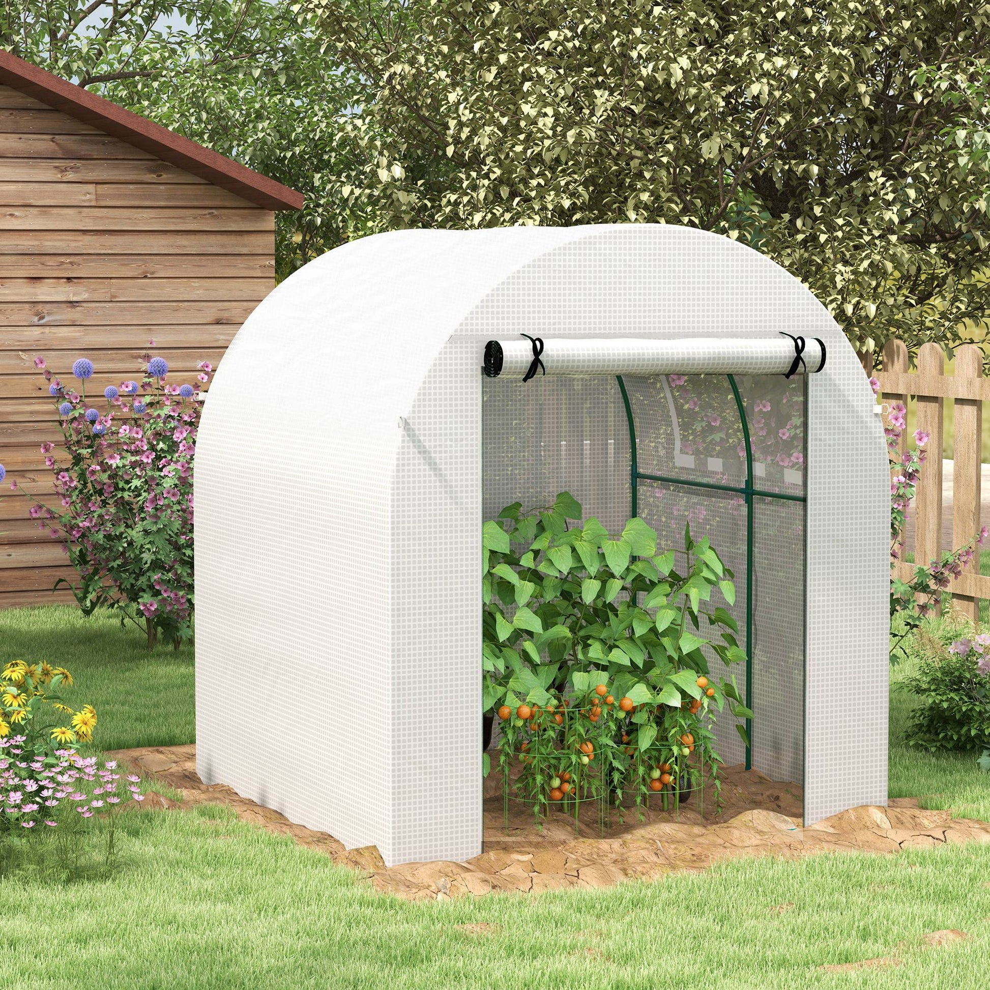 Garden Greenhouse 180x180x200 cm Small Tunnel Greenhouse with Roll-Up Door and Mesh Window for Cultivating Plants Flowers White