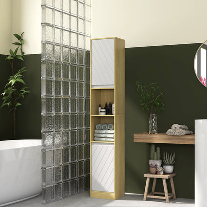 Bathroom Cabinet in Wood, Bathroom Cabinet with 2 Cabinets and Adjustable Shelves, Column Design, 30x24x170 cm, Oak and White