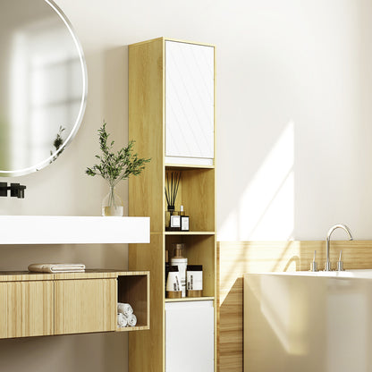 Bathroom Cabinet in Wood, Bathroom Cabinet with 2 Cabinets and Adjustable Shelves, Column Design, 30x24x170 cm, Oak and White