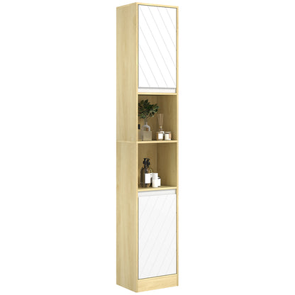 Bathroom Cabinet in Wood, Bathroom Cabinet with 2 Cabinets and Adjustable Shelves, Column Design, 30x24x170 cm, Oak and White