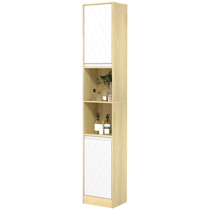 Bathroom Cabinet in Wood, Bathroom Cabinet with 2 Cabinets and Adjustable Shelves, Column Design, 30x24x170 cm, Oak and White