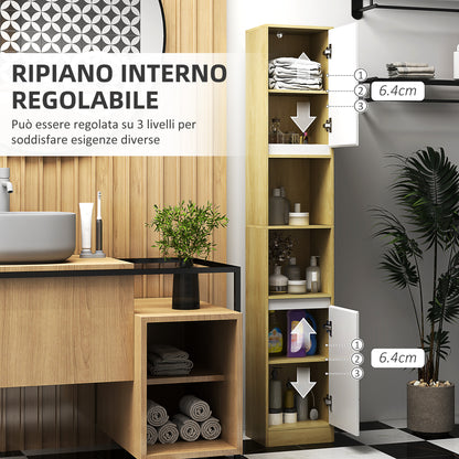 Bathroom Cabinet in Wood, Bathroom Cabinet with 2 Cabinets and Adjustable Shelves, Column Design, 30x24x170 cm, Oak and White