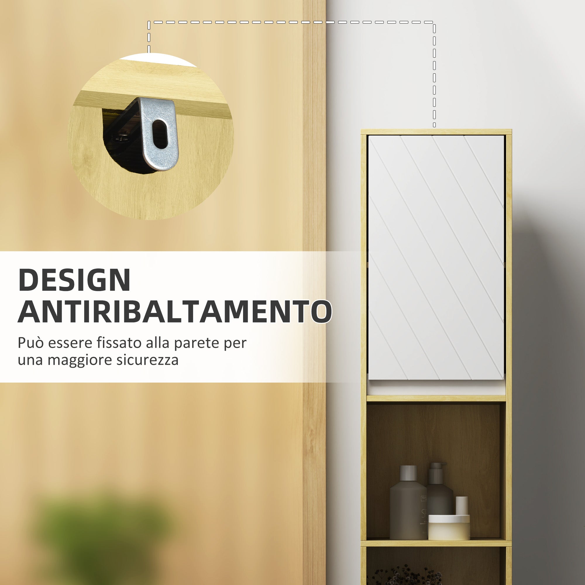 Bathroom Cabinet in Wood, Bathroom Cabinet with 2 Cabinets and Adjustable Shelves, Column Design, 30x24x170 cm, Oak and White
