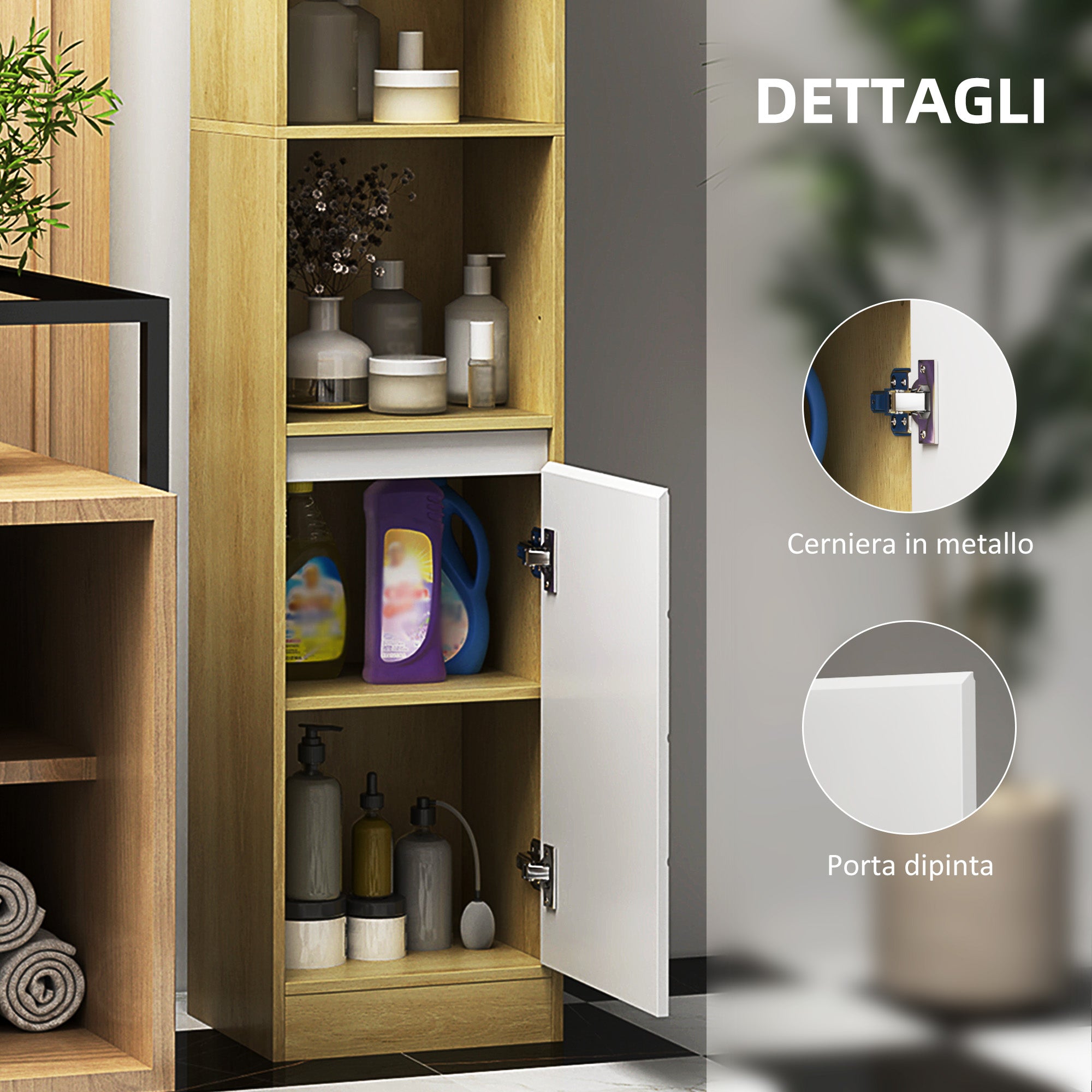 Bathroom Cabinet in Wood, Bathroom Cabinet with 2 Cabinets and Adjustable Shelves, Column Design, 30x24x170 cm, Oak and White