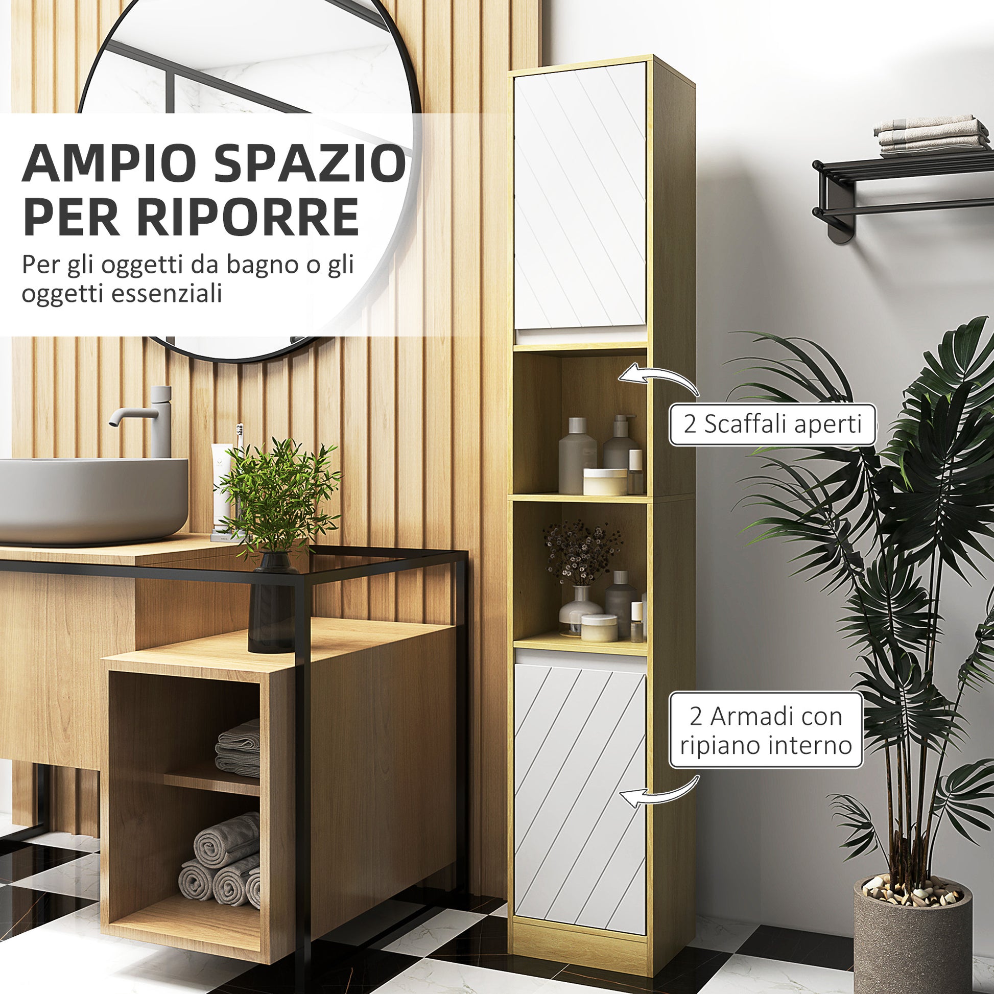 Bathroom Cabinet in Wood, Bathroom Cabinet with 2 Cabinets and Adjustable Shelves, Column Design, 30x24x170 cm, Oak and White