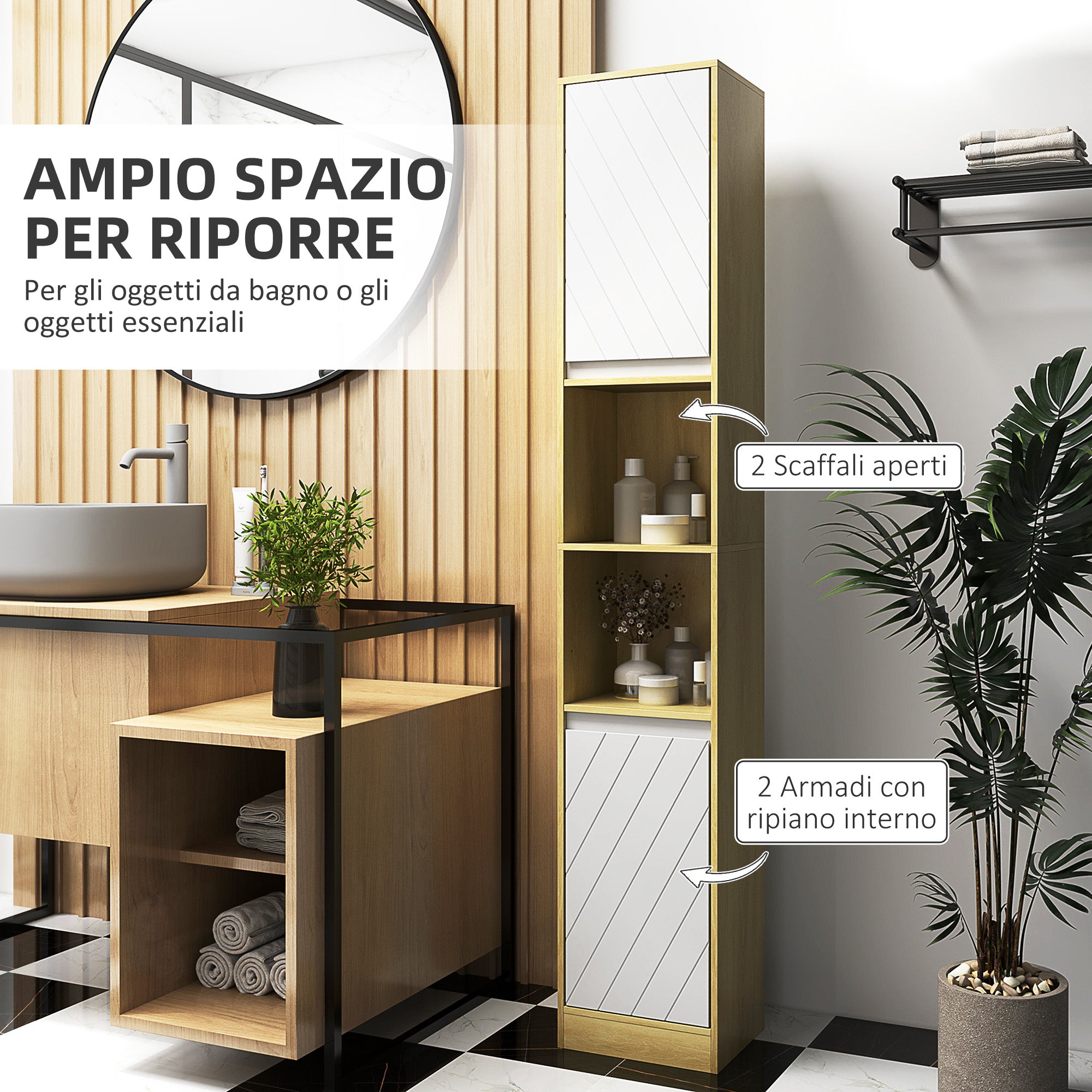 Bathroom Cabinet in Wood, Bathroom Cabinet with 2 Cabinets and Adjustable Shelves, Column Design, 30x24x170 cm, Oak and White