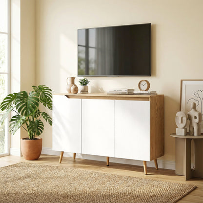Sideboard Cabinet, 3 Doors, 2 Adjustable Shelves, 5 Hevea Rubberwood Legs, Rustic Oak & White, 107 x 35 x 76.5 cm (42.1 x 13.8 x 30.1 in)