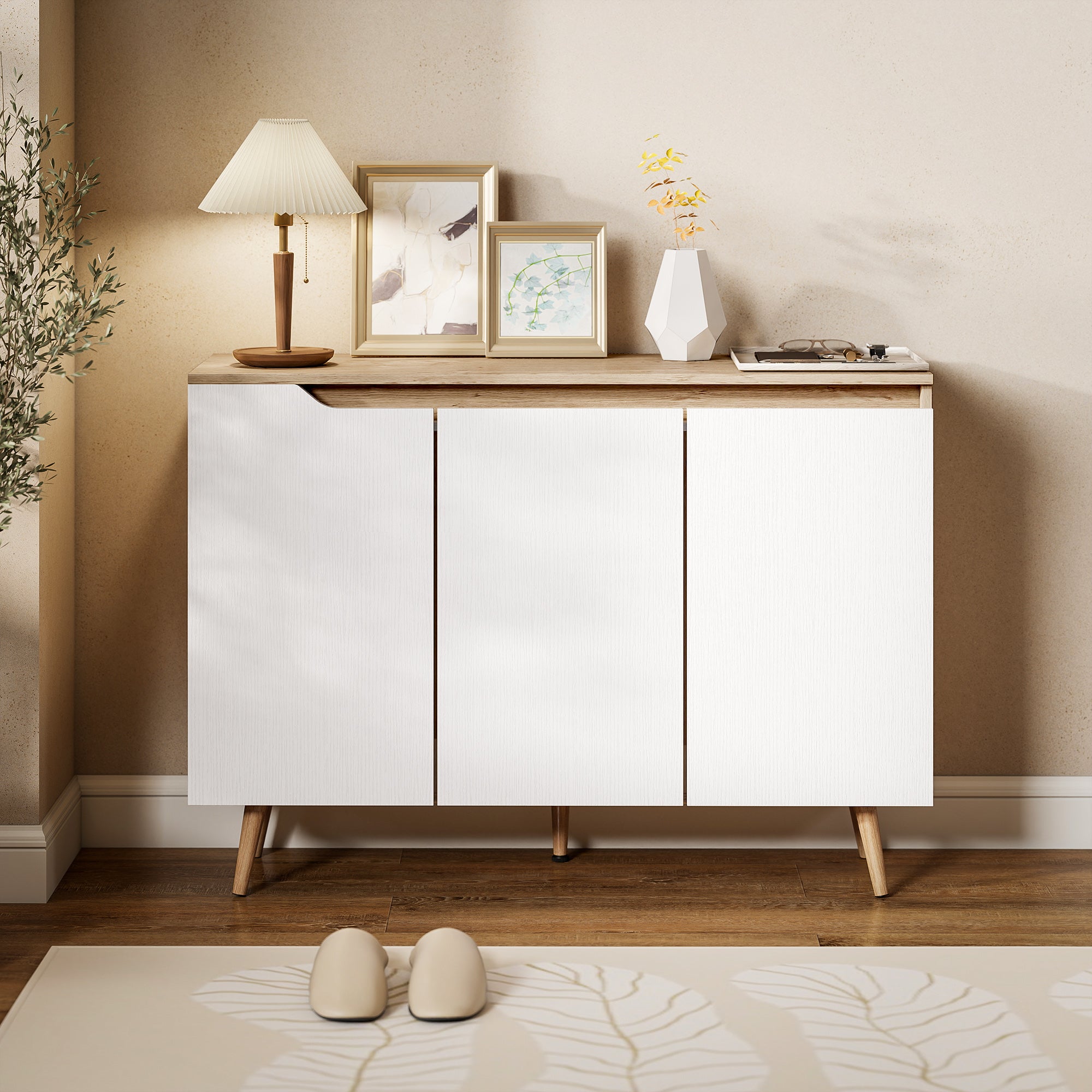 Sideboard Cabinet, 3 Doors, 2 Adjustable Shelves, 5 Hevea Rubberwood Legs, Rustic Oak & White, 107 x 35 x 76.5 cm (42.1 x 13.8 x 30.1 in)