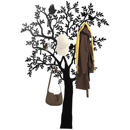 Coat Hook Wall Coat Rack in Tree Shape with 4 Birds Coat Rack with 8 Hooks Wall Decor for Jackets, Coats, Hats, Scarves, Handbags, 120 x 175 cm, Black