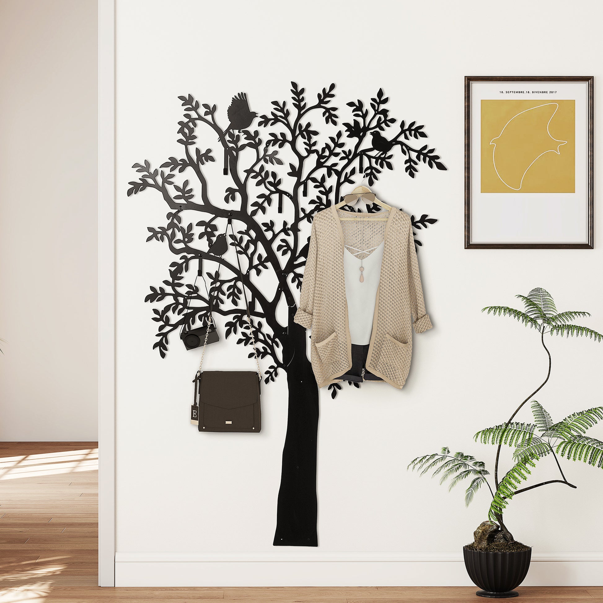 Coat Hook Wall Coat Rack in Tree Shape with 4 Birds Coat Rack with 8 Hooks Wall Decor for Jackets, Coats, Hats, Scarves, Handbags, 120 x 175 cm, Black