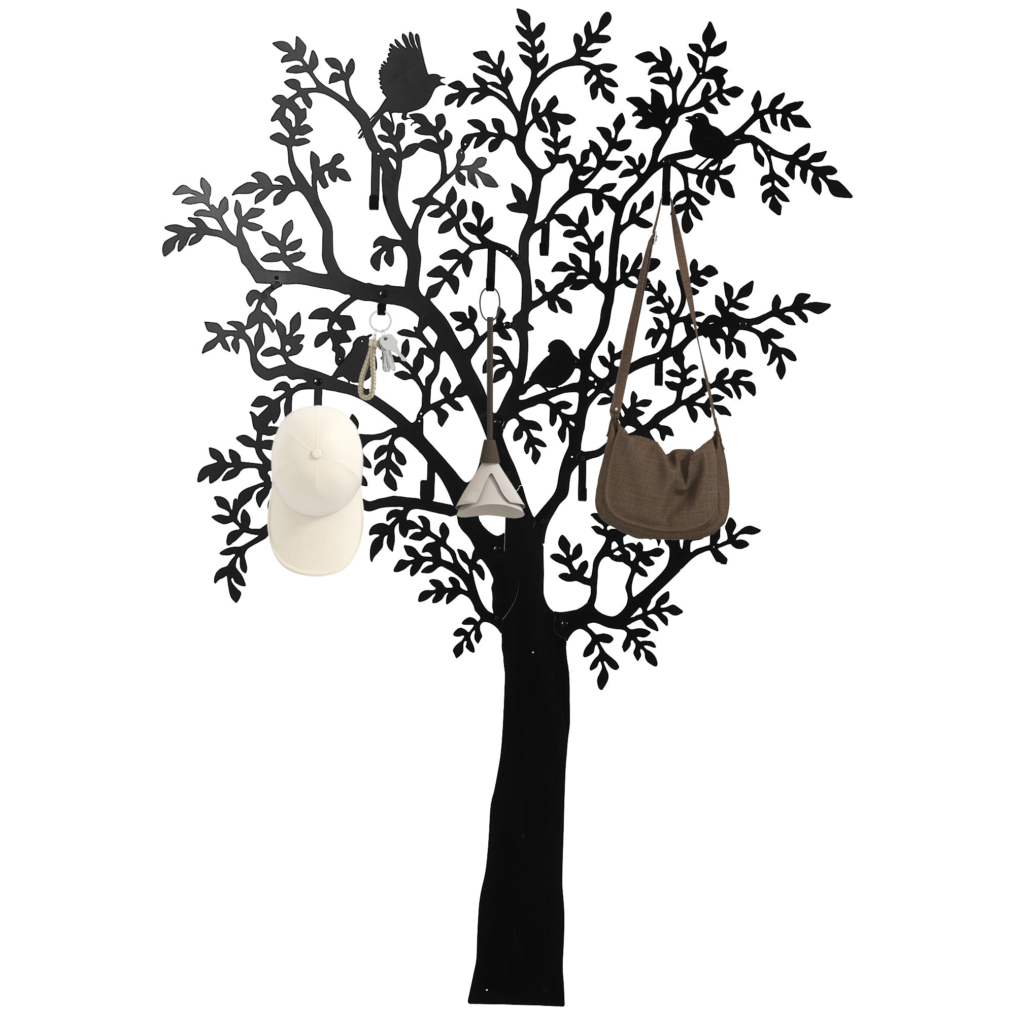 Coat Hook Wall Coat Rack in Tree Shape with 4 Birds Coat Rack with 8 Hooks Wall Decor for Jackets, Coats, Hats, Scarves, Handbags, 120 x 175 cm, Black