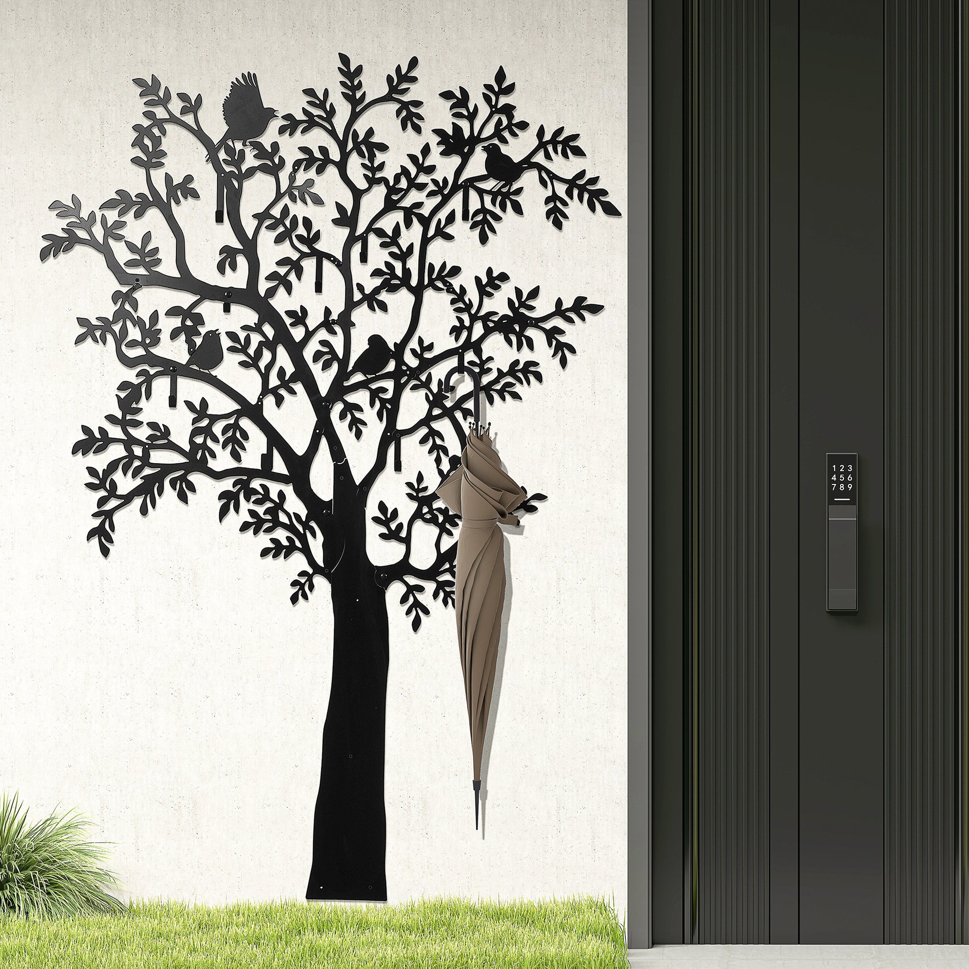 Coat Hook Wall Coat Rack in Tree Shape with 4 Birds Coat Rack with 8 Hooks Wall Decor for Jackets, Coats, Hats, Scarves, Handbags, 120 x 175 cm, Black