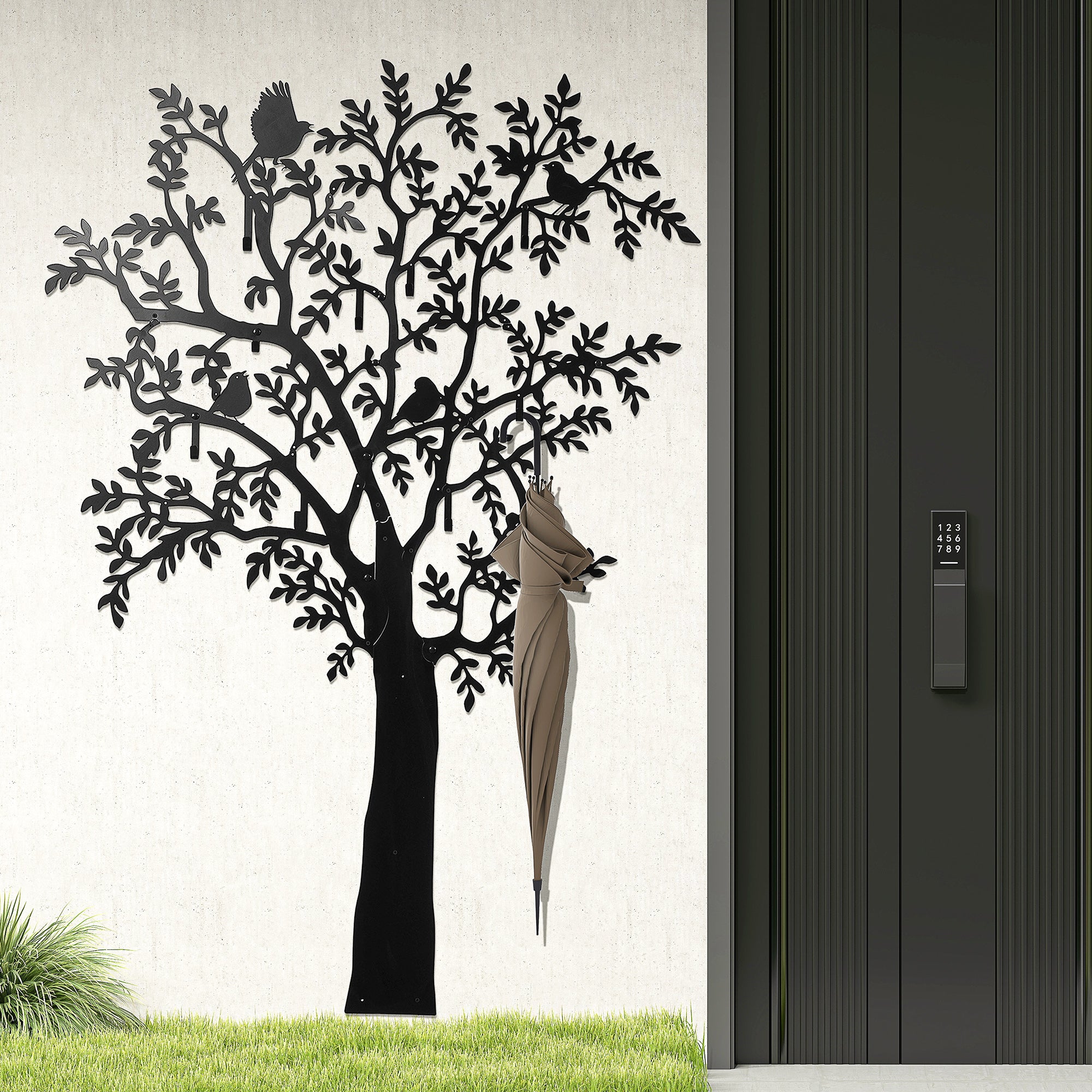 Coat Hook Wall Coat Rack in Tree Shape with 4 Birds Coat Rack with 8 Hooks Wall Decor for Jackets, Coats, Hats, Scarves, Handbags, 120 x 175 cm, Black