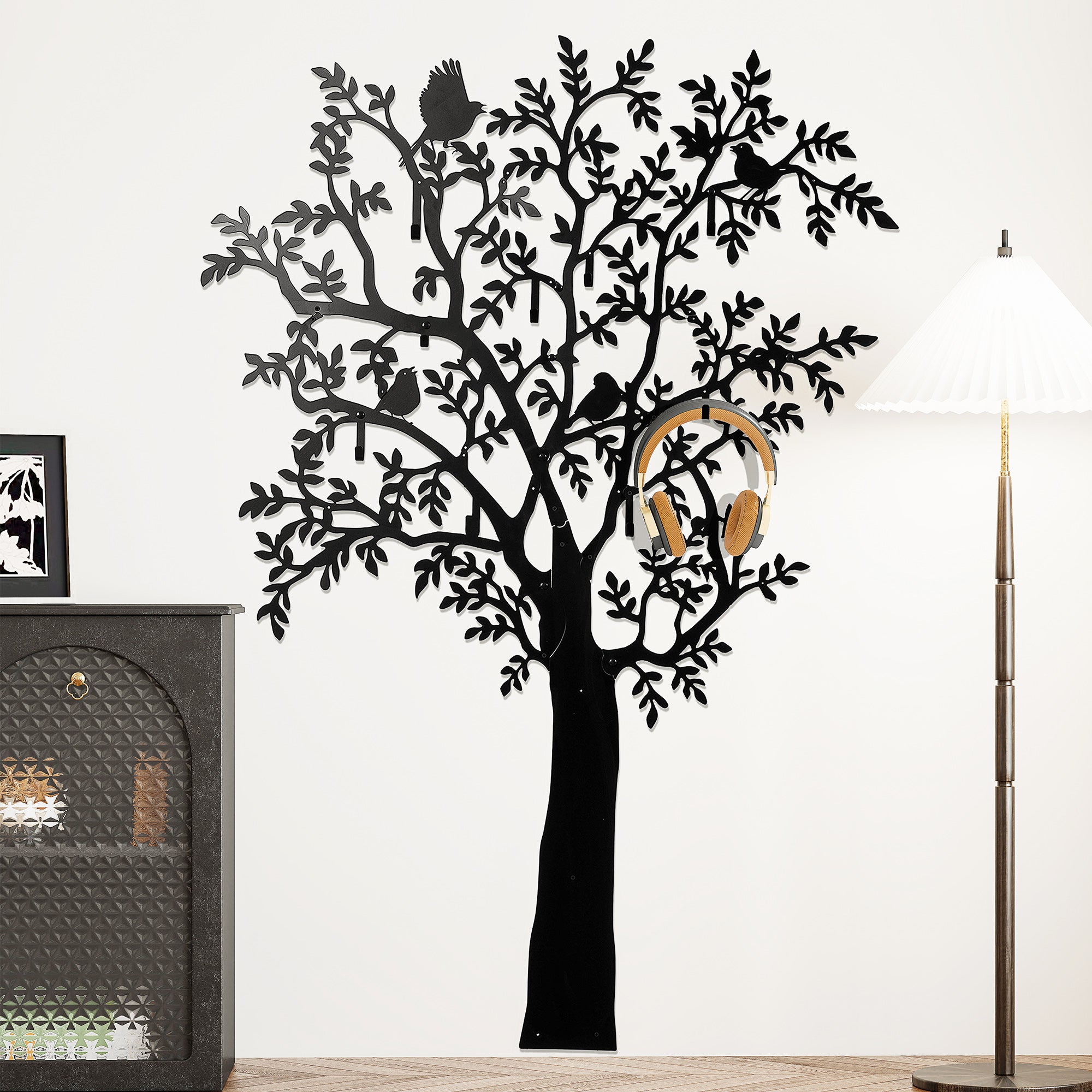 Coat Hook Wall Coat Rack in Tree Shape with 4 Birds Coat Rack with 8 Hooks Wall Decor for Jackets, Coats, Hats, Scarves, Handbags, 120 x 175 cm, Black