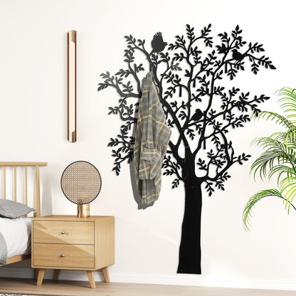 Coat Hook Wall Coat Rack in Tree Shape with 4 Birds Coat Rack with 8 Hooks Wall Decor for Jackets, Coats, Hats, Scarves, Handbags, 120 x 175 cm, Black