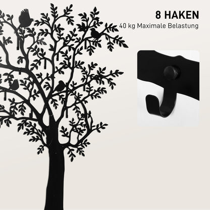 Coat Hook Wall Coat Rack in Tree Shape with 4 Birds Coat Rack with 8 Hooks Wall Decor for Jackets, Coats, Hats, Scarves, Handbags, 120 x 175 cm, Black