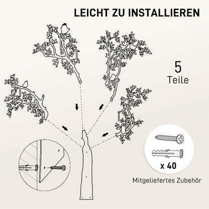 Coat Hook Wall Coat Rack in Tree Shape with 4 Birds Coat Rack with 8 Hooks Wall Decor for Jackets, Coats, Hats, Scarves, Handbags, 120 x 175 cm, Black