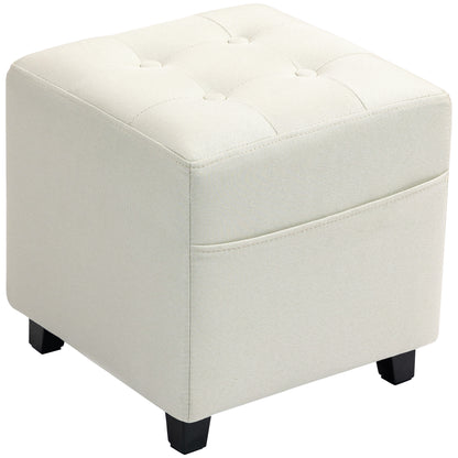 Living Room Footstool Low Stool Upholstered in Linen Square Ottoman with Side Pocket Padded Button-Tufted Top and Rubberwood Frame for Living Room Bedroom Cream