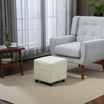 Living Room Footstool Low Stool Upholstered in Linen Square Ottoman with Side Pocket Padded Button-Tufted Top and Rubberwood Frame for Living Room Bedroom Cream