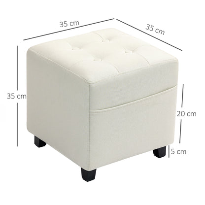 Living Room Footstool Low Stool Upholstered in Linen Square Ottoman with Side Pocket Padded Button-Tufted Top and Rubberwood Frame for Living Room Bedroom Cream