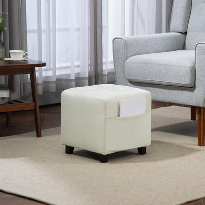 Living Room Footstool Low Stool Upholstered in Linen Square Ottoman with Side Pocket Padded Button-Tufted Top and Rubberwood Frame for Living Room Bedroom Cream