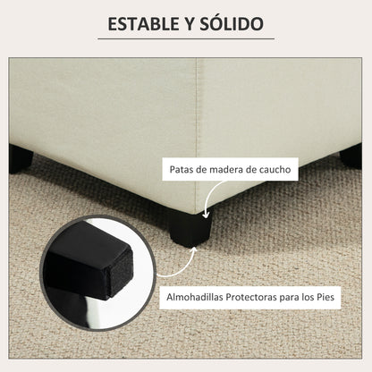 Living Room Footstool Low Stool Upholstered in Linen Square Ottoman with Side Pocket Padded Button-Tufted Top and Rubberwood Frame for Living Room Bedroom Cream