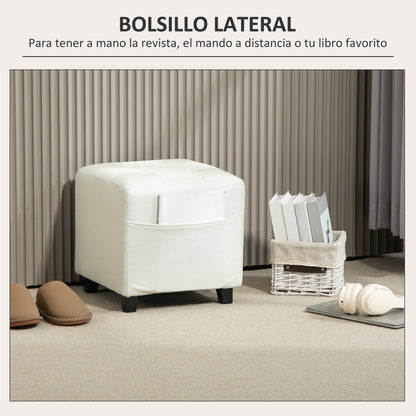 Living Room Footstool Low Stool Upholstered in Linen Square Ottoman with Side Pocket Padded Button-Tufted Top and Rubberwood Frame for Living Room Bedroom Cream