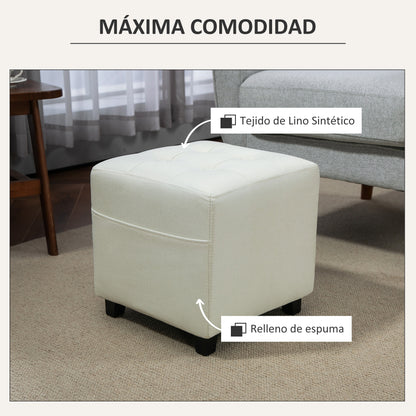 Living Room Footstool Low Stool Upholstered in Linen Square Ottoman with Side Pocket Padded Button-Tufted Top and Rubberwood Frame for Living Room Bedroom Cream