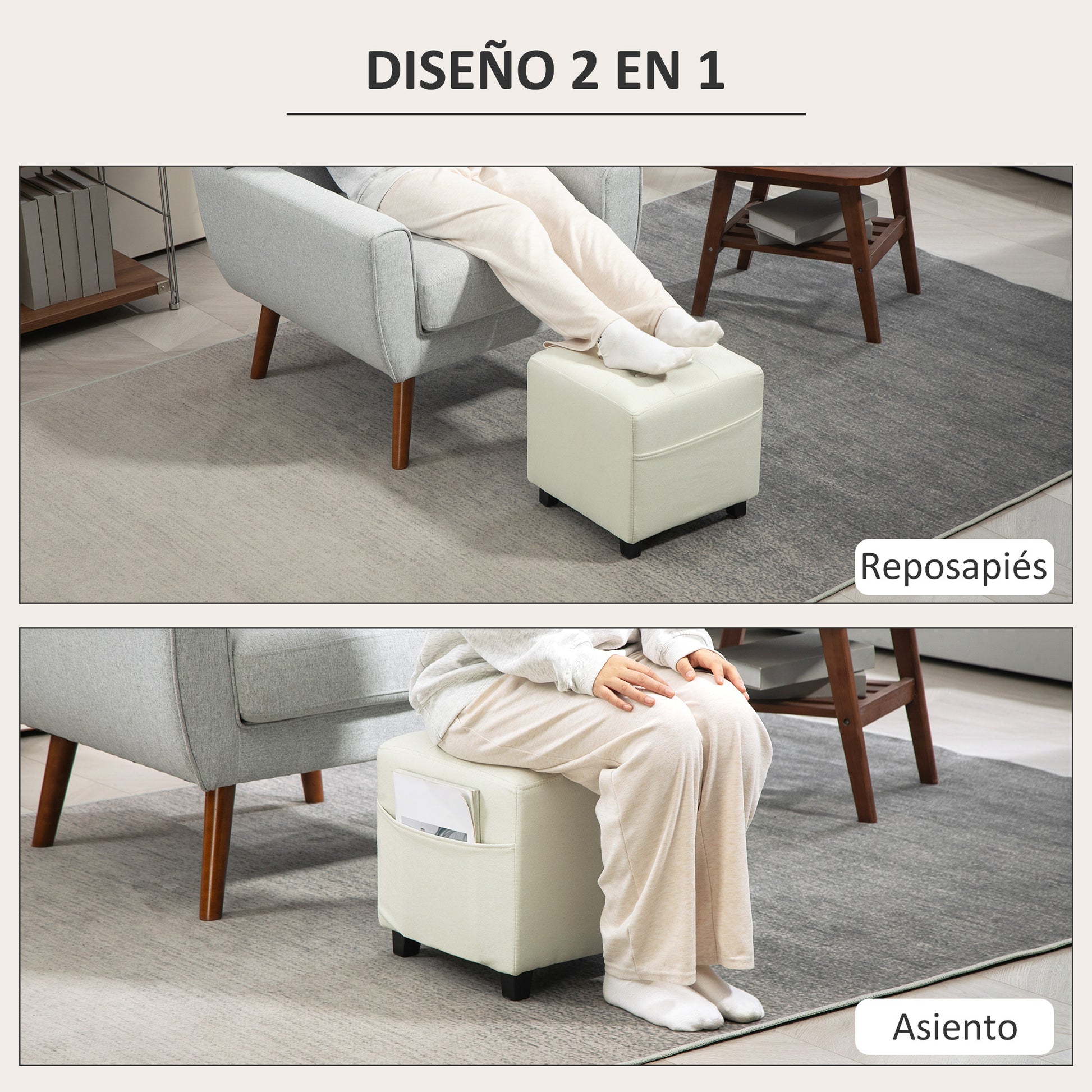 Living Room Footstool Low Stool Upholstered in Linen Square Ottoman with Side Pocket Padded Button-Tufted Top and Rubberwood Frame for Living Room Bedroom Cream